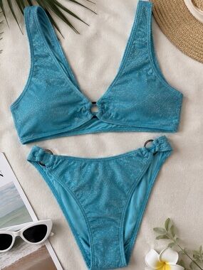 Kendall + Kylie Baby Blue Shimmer Ring Detail Bikini Set NWT XL Sparkle Swimsuit